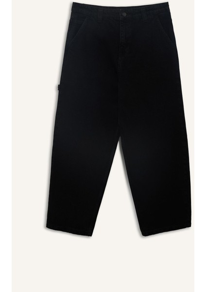 %100 Pamuk Skater Fit Geniş Kalıp Yüksek Bel Geniş Paça Siyah Jean Pantolon F3926AX25SM