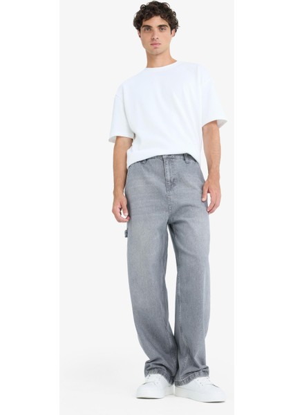 %100 Pamuk Skater Fit Geniş Kalıp Yüksek Bel Geniş Paça Jean Pantolon F3927AX25SM