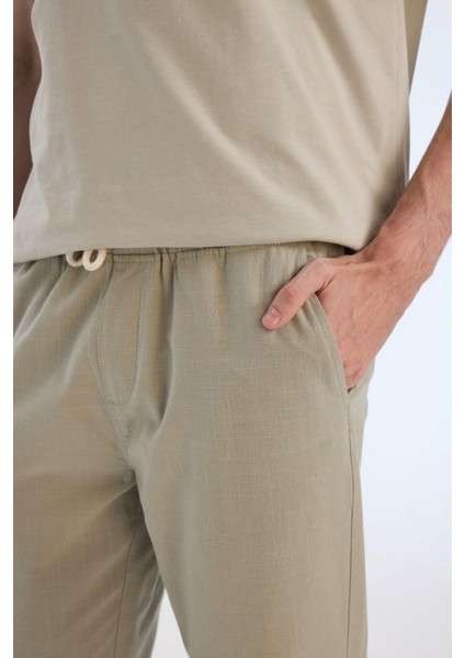 %100 Pamuk Keten Görünümlü Yazlık Jogger Pantolon Dar Paça Beli Bağcıklı Lastikli Cepli Z6475AZ25SP