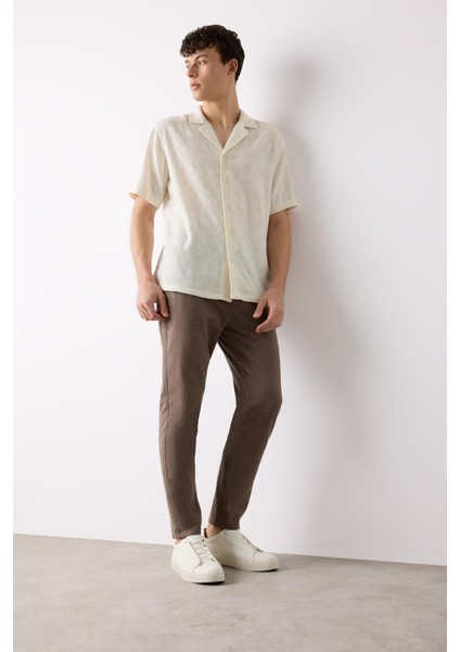 %100 Pamuk Keten Görünümlü Yazlık Jogger Pantolon Dar Paça Beli Bağcıklı Lastikli Cepli Z6475AZ25SP