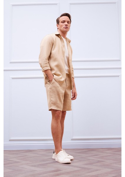 %100 Keten Regular Fit Yazlık Bermuda Şort