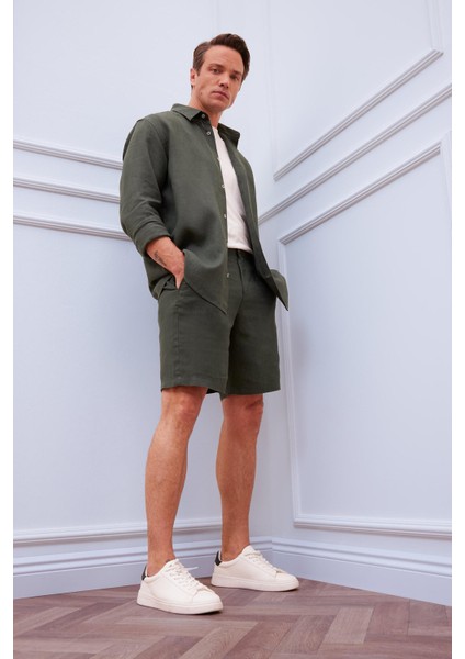 %100 Keten Regular Fit Yazlık Bermuda Şort