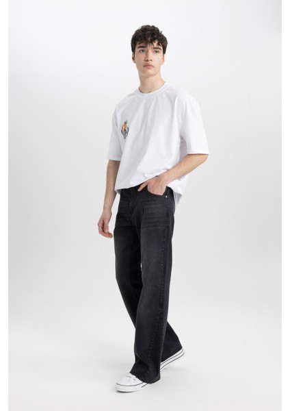 %100 Pamuk Flayer Fit Bol Kalıp Normal Bel Geniş Paça Siyah Jean Pantolon B8325AX24SM modelleri