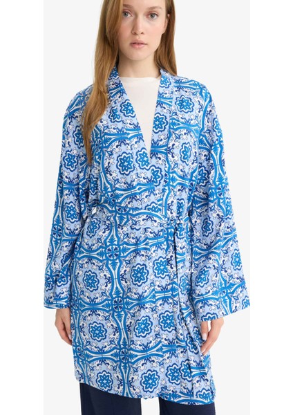Relax Fit Bisiklet Yaka Desenli Viskon Kimono E7262AX25SM