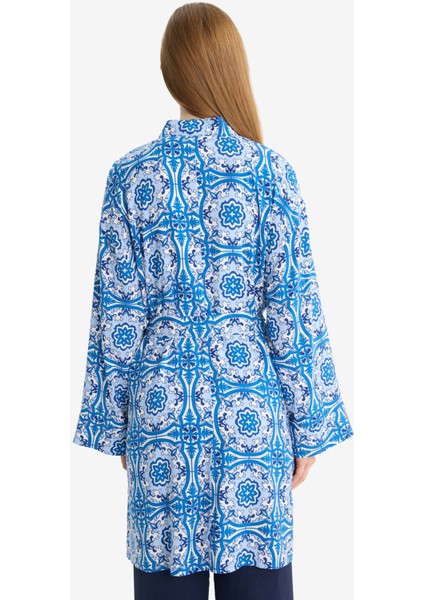 Relax Fit Bisiklet Yaka Desenli Viskon Kimono E7262AX25SM