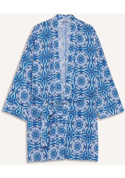 Relax Fit Bisiklet Yaka Desenli Viskon Kimono E7262AX25SM