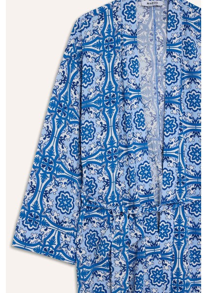 Relax Fit Bisiklet Yaka Desenli Viskon Kimono E7262AX25SM