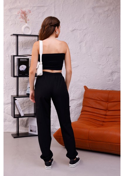 Kadın Siyah Yüksel Bel Lastikli Paça 4 Cepli Jogger Pantolon - 3070
