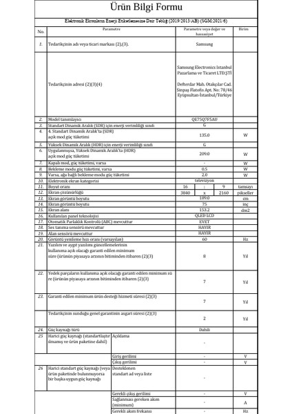75Q7F5 75'' 190 Ekran Uydu Alıcılı 4K Ultra HD Tizen Smart QLED TV