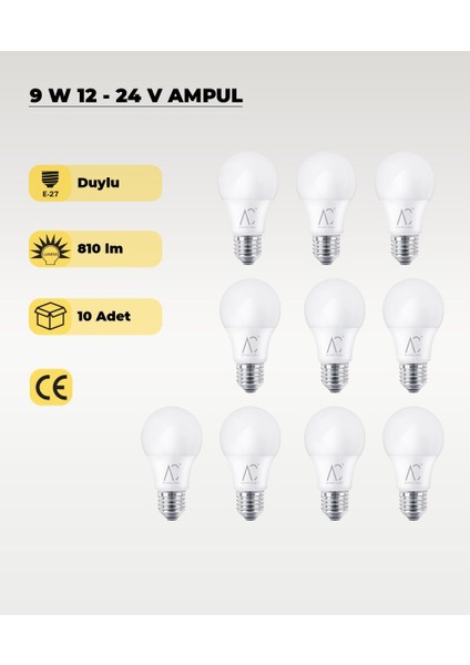 9W 12-24V Ampul 6500K - Beyaz Işık - E-27 Duy - 10 Adet