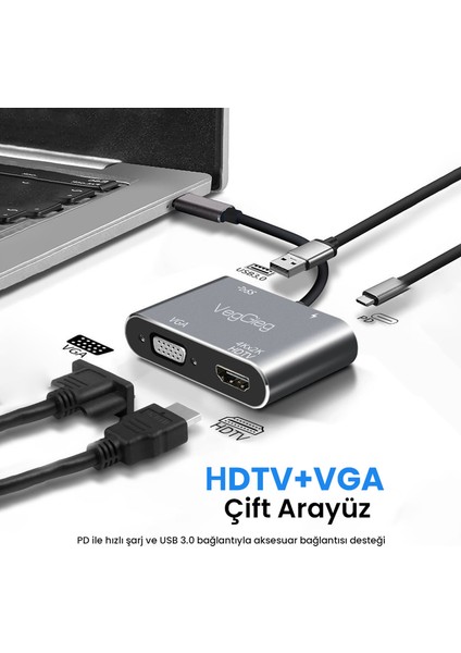Type-C 4K HDMI 1080P VGA USB 3.0 Pd Dönüştürücü Hub fırsatları