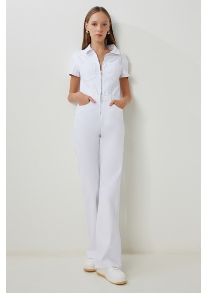 Cepli Esnek Denim Tulum LAC0006 Beyaz