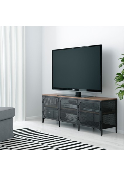 Fjällbo Tv Sehpası 150 x 54 cm Siyah Çelik ve Masif Çam Kumanda Sinyallerini Geçirir Metal Kafesli Depolamalı fiyatları