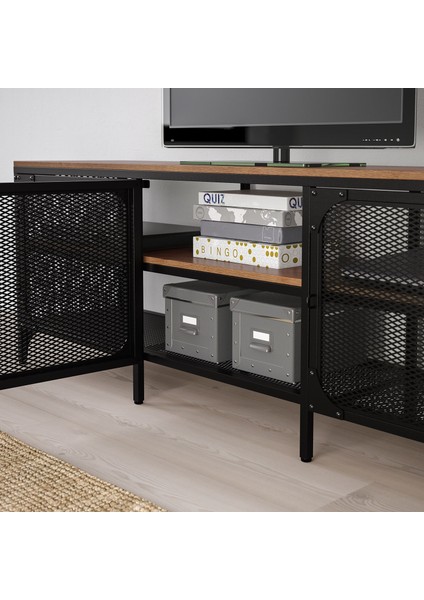 Fjällbo Tv Sehpası 150 x 54 cm Siyah Çelik ve Masif Çam Kumanda Sinyallerini Geçirir Metal Kafesli Depolamalı