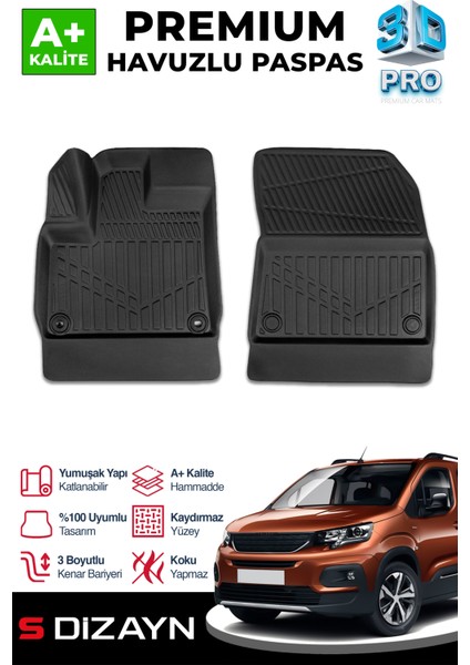 Peugeot Rifter Panelvan 3D Pro Havuzlu Paspas Ön 2'li 2019 Üzeri A+ Kalite