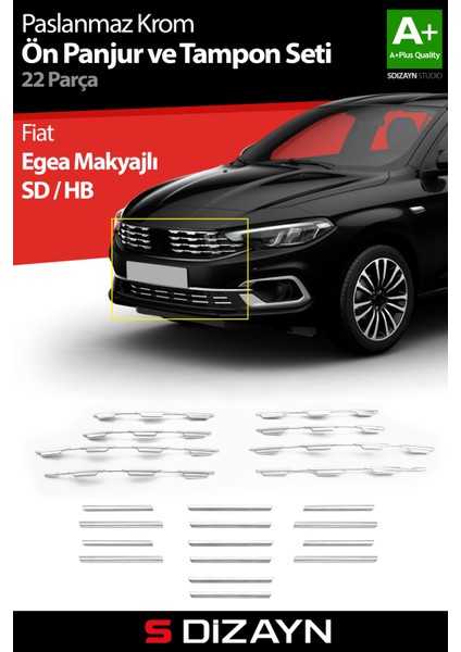 Fiat Egea Krom Ön Panjur ve Tampon Çıta Seti Diamond Model 22 Prç. 2020 Üzeri (Parlak Krom)