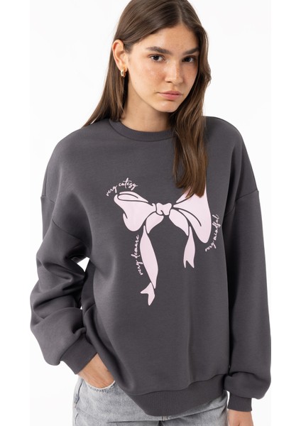 Uzun Kollu Bisiklet Yaka Şardonlu Fiyonk Baskılı Sweatshirt