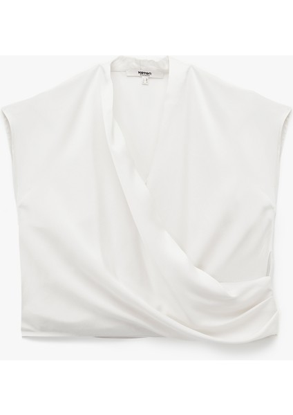 Regular Fit Dökümlü Drapeli Kolsuz Kruvaze Bluz