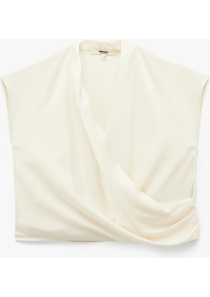 Regular Fit Dökümlü Drapeli Kolsuz Kruvaze Bluz