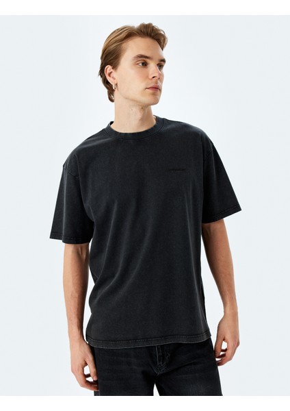 Yıkamalı Pamuklu Kısa Kollu Minimal Baskılı Bisiklet Yaka Oversize Tişört fiyatları