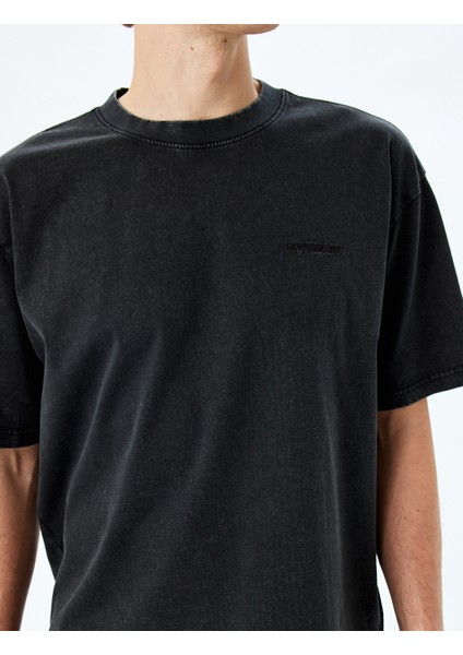 Yıkamalı Pamuklu Kısa Kollu Minimal Baskılı Bisiklet Yaka Oversize Tişört indirimleri