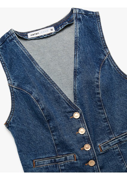 V Yaka Kolsuz Düğmeli Cep Detaylı Denim Yelek indirimleri
