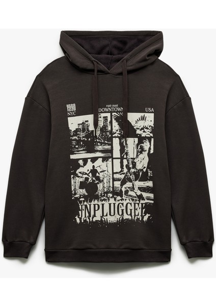 Şardonlu Uzun Kollu Kapüşonlu Baskılı Oversize Sweatshirt