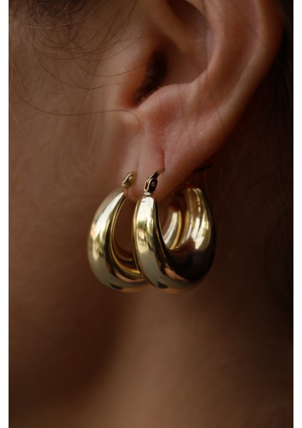 14 Ayar Altın Kalın Bombeli Yarım Halka Küpe fırsatları