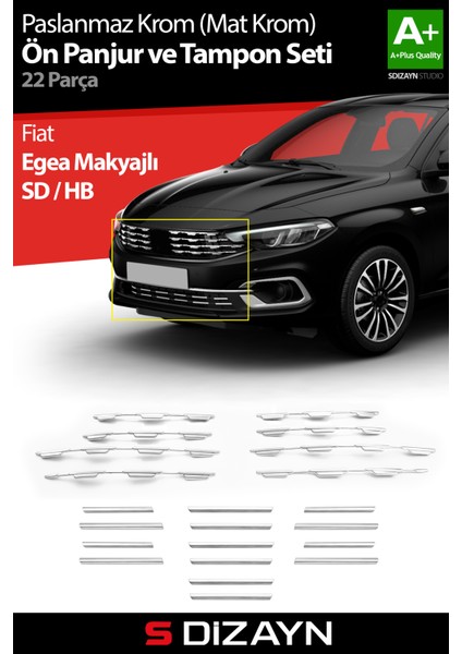 Fiat Egea Krom Ön Panjur ve Tampon Çıta Seti Diamond Model 22 Prç. 2020 Üzeri (Mat Krom)