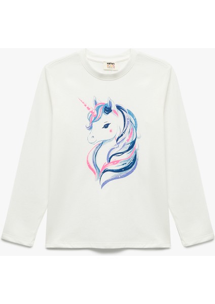 Pamuklu Uzun Kollu Bisiklet Yaka Unicorn Baskılı Tişört