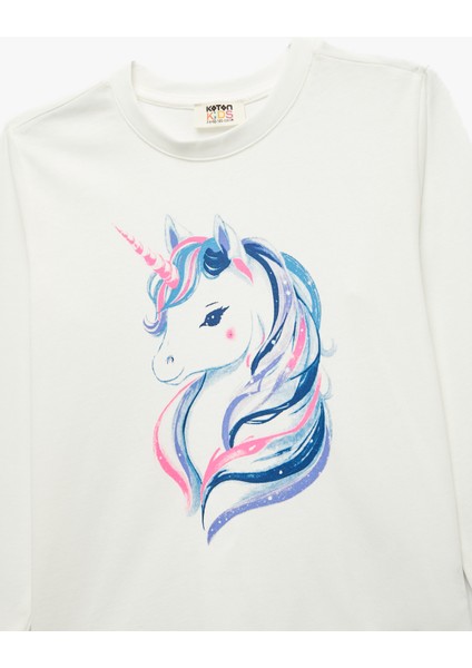 Pamuklu Uzun Kollu Bisiklet Yaka Unicorn Baskılı Tişört modelleri
