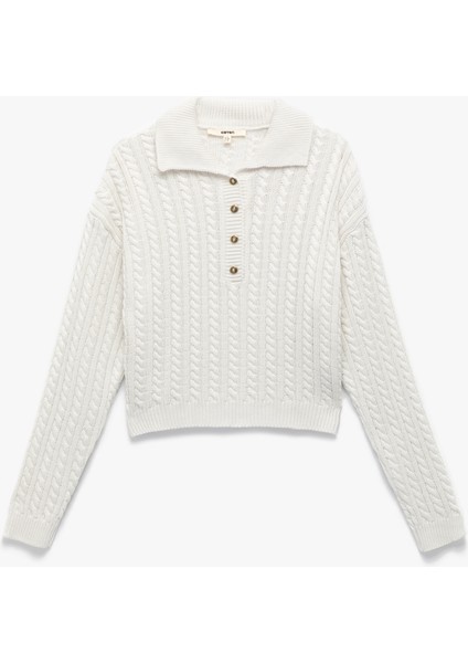 Regular Fit Uzun Kollu Düğmeli Saç Örgü Polo Yaka Kazak