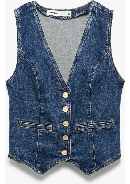 V Yaka Kolsuz Düğmeli Cep Detaylı Denim Yelek modelleri