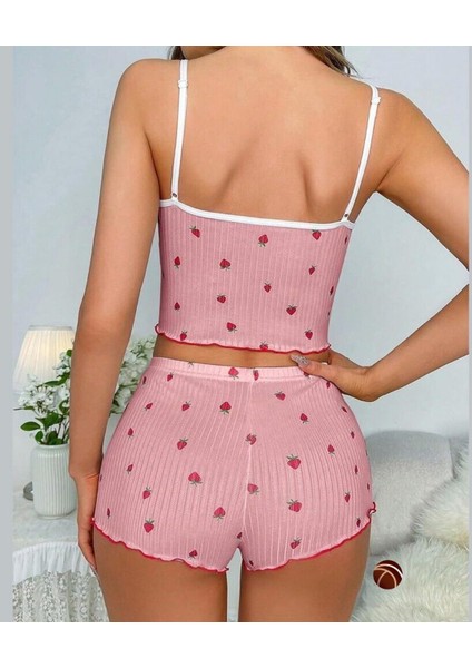 Lily Pembe Çilek Desenli Dantelli Vintage %100 Pamuk Ince Askılı Büstiyer Şort Takım fiyatları