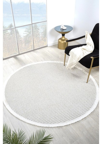 Beyaz Gri Yumuşak Daire Halı Kilim Salon Mutfak Koridor Yolluk Dokuma Makine Halısı 0014 Daire