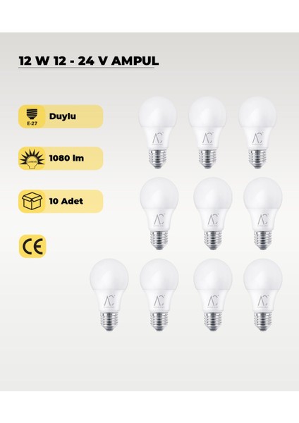 12W 12-24V Ampul 6500K - Beyaz Işık - E-27 Duy - 10 Adet