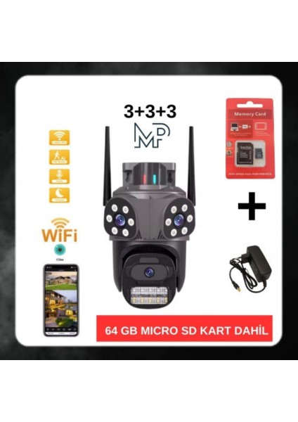 Dış Mekan Üç Kameralı Gece Görüşlü Full Hd Ip Akıllı Ptz Güvenlik Kamerası 64 GB Micro Sd Kart ve Adaptör Dahil BB-17352