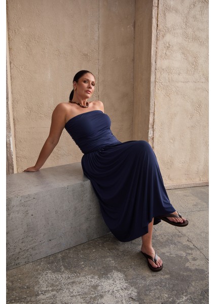 Rush Straplez Maxi Elbise Lacivert