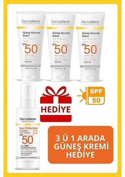 3 Adet Spf 50+ Güneş Koruma Vitaminli Yüz ve Vücut Güneş Kremi 3 x 100ML ve 1 Adet Yüksek Koruma Leke Karşıtı Güneş Kremi fiyatları