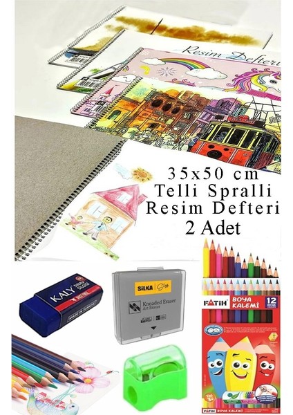 12 Renk Fatih Kuru Boya 35X50 cm Telli Spralli Resim Defteri Hamur Silgi Kalemtraş 15 Yaprak Resim Defteri Kuruboya