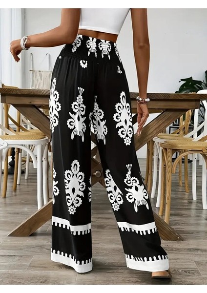 Kadın Yüksek Bel Büzgülü Etnik Desen Baskılı Süprem Pantolon modelleri