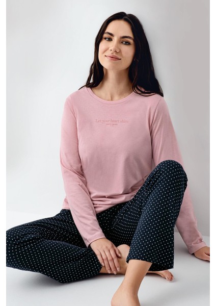 Kadın Mevsimlik Uzunkol Rose Pijama Takım, %50 Pamuk %50 Modal