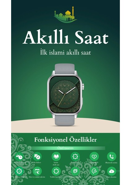 Islami Akıllı Saat Ezan Okuma Zikir Matik Esma-Ül Hüsna Tesbih Kıble Bulucu Sesli Görüşme