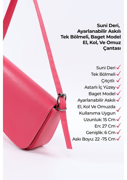 Fuşya SHK183 Kapaklı Suni Deri Ayarlabilir Askılı Baget Model El, Kol ve Omuz Çantası