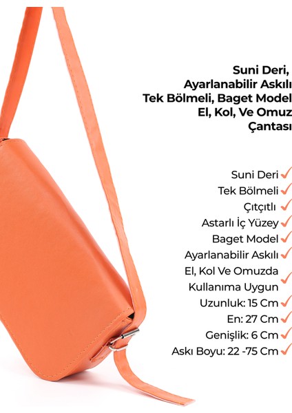 Turuncu SHK183 Kapaklı Suni Deri Ayarlabilir Askılı Baget Model El, Kol ve Omuz Çantası