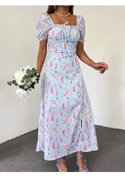 Çiçek Desenli Yırtmaçlı Elbise fırsatları