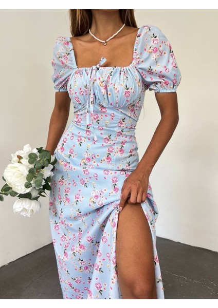 Çiçek Desenli Yırtmaçlı Elbise indirimleri