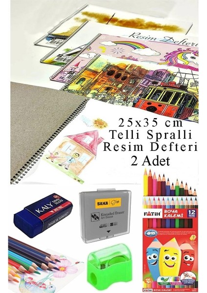 12 Renk Fatih Kuru Boya 25X35 cm Telli Spralli Resim Defteri Hamur Silgi Kalemtraş 15 Yaprak Resim Defteri Kuruboya