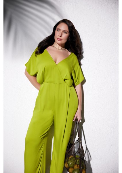 Vıvy Büyük Beden Pileli Tulum Yeşil