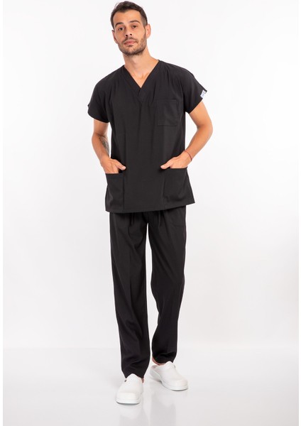 Siyah Renk Çamaşır Suyuna ve Hipoya Dayanıklı Cerrahi Üniforma Scrubs Unisex Model